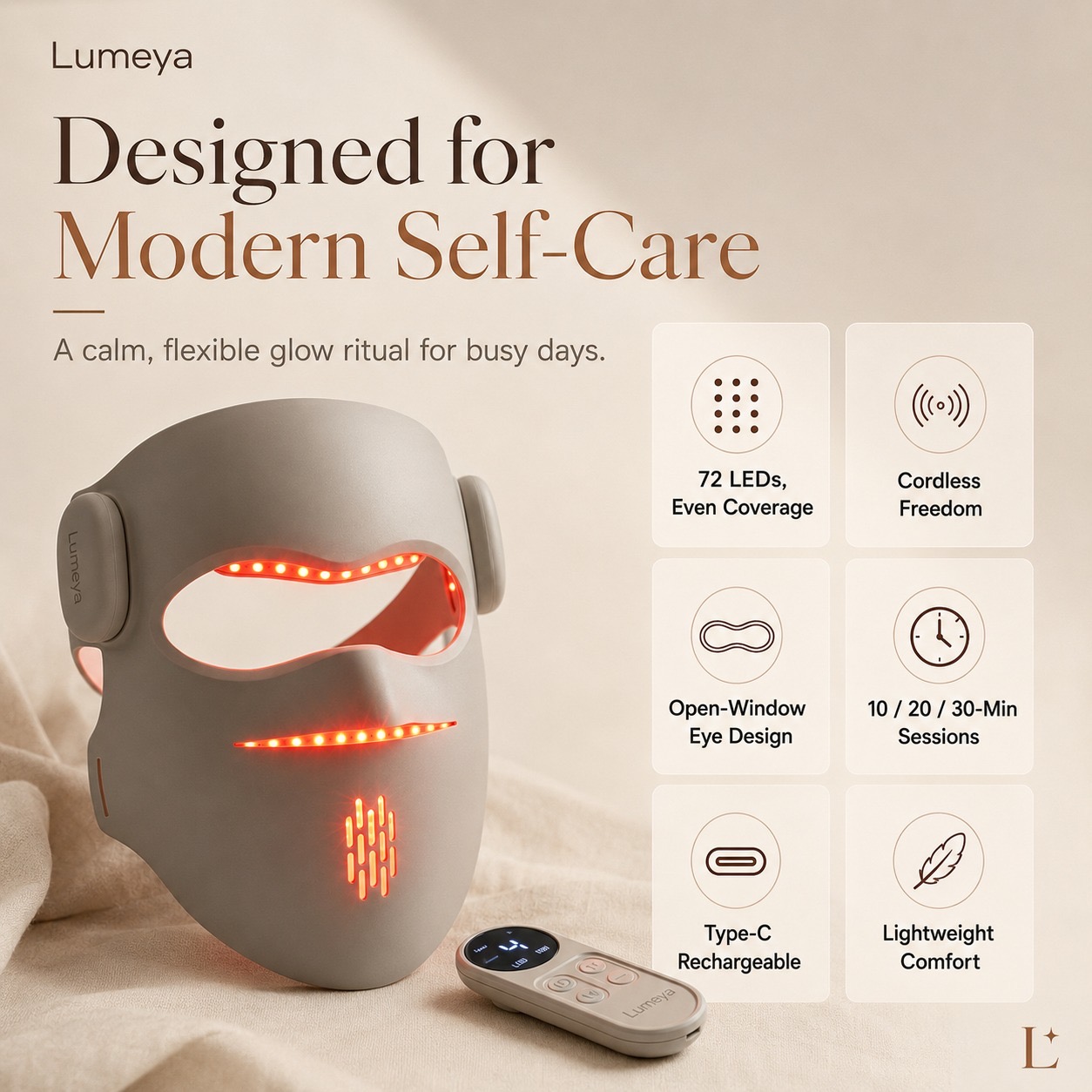 Lumeya 3D LED light therapy face mask with wireless remote, designed for modern self-care