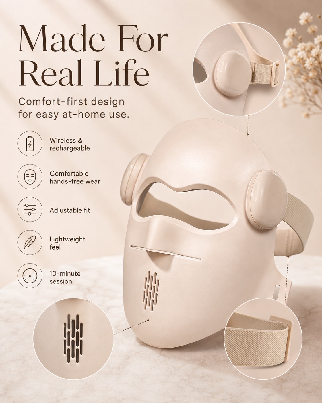 Lumeya mask design details: adjustable strap, breathable vents and lightweight silicone body
