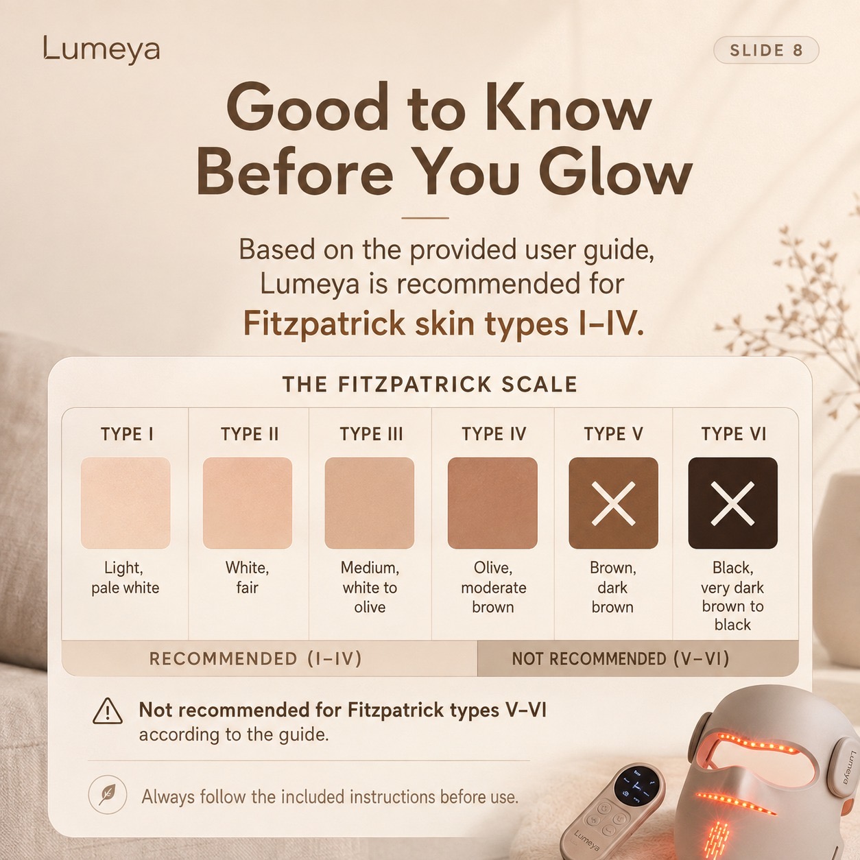 Fitzpatrick skin type scale: Lumeya is recommended for types I to IV and not recommended for types V and VI according to the included guide