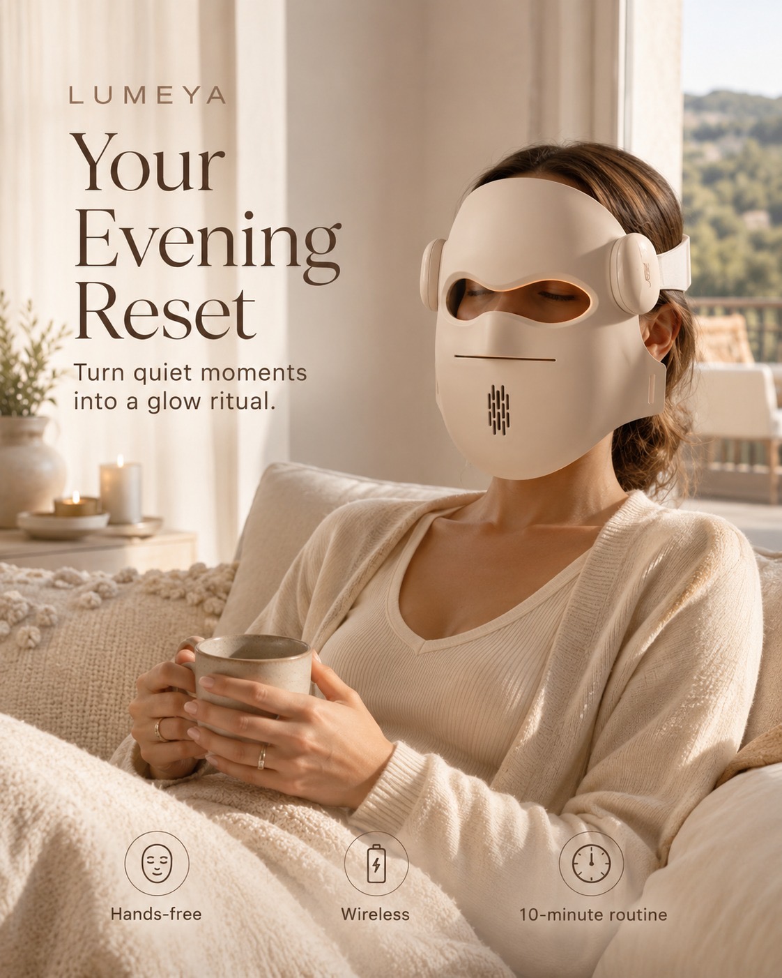 Woman relaxing on a sofa with a warm drink while wearing the Lumeya LED mask